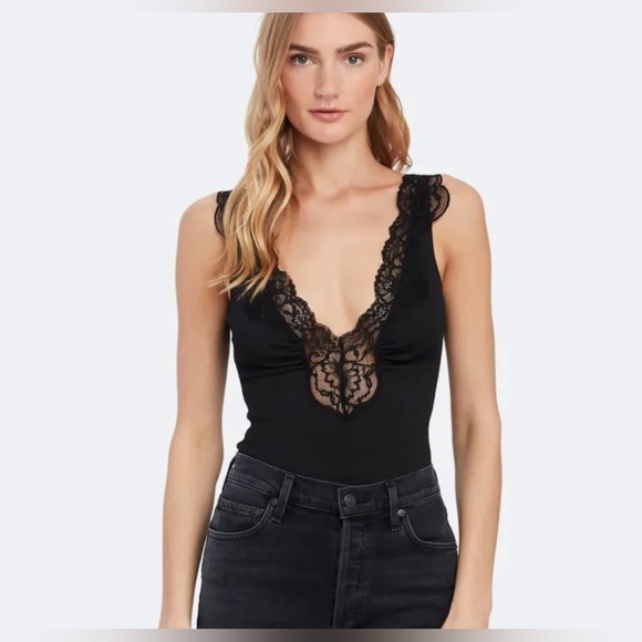 Free People First Call Black Lace V Neck Lace Bodysuit - Picture 1 of 9